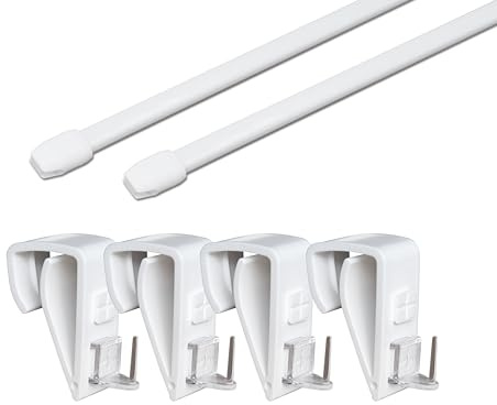 Vitragestangen 2er Pack, weiß, oval, ausziehbar, 2x Gardinenstange inkl. Befestigung OHNE Bohren und OHNE Kleben (40-60 cm + Klemmträger Kunststoff)