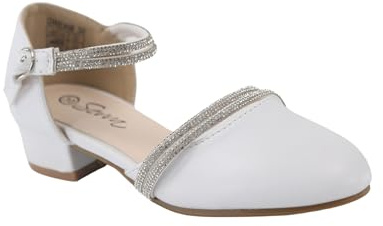 SIRRI Luxurious Girls Rhinestone Straps Low Heel White Shoes - Ideal footwear for Dressy Occasions Size UK Youth 13