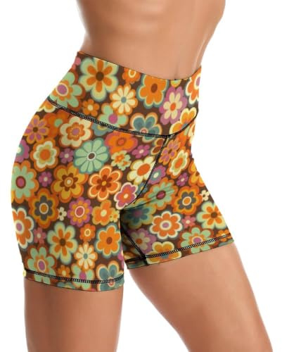 Retro 80s 90s Flower Yoga Shorts High Waisted Biker Shorts for Womens Athletic Running Workout M