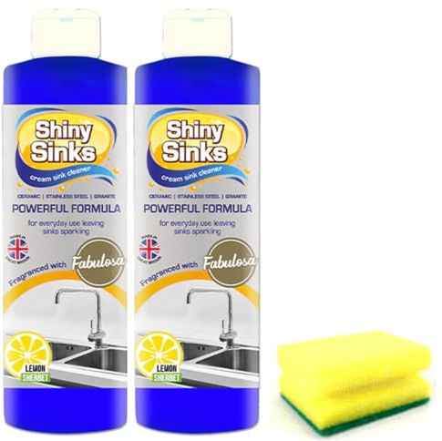 Shine Sinks Lemon Sherbet (2 X 250 ml), a Superb Cream Cleaner for use on Ceramics, Sinks and Basins with Degreaser Sponge
