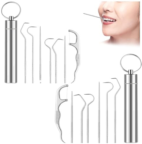 Filo Interdentale, 2PCS 7 Pezzi Set Di Stuzzicadenti In Acciaio Inox Portatile In Metallo Stuzzicadenti Set Di Secchi Per La Conservazione Toothpicks Filo Adatto per gite, viaggi e picnic