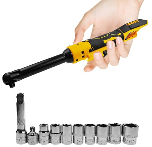 Cordless Ratchet Wrench for Dewalt 20V/ for Makita 18V Battery, 3/8 Electric Extended Ratchet Wrench Set Power Tool with 9 10 11 12 13 14 15 17mm Sockets, LED Light, 600 RPM, 100 N.m (for Dewalt)