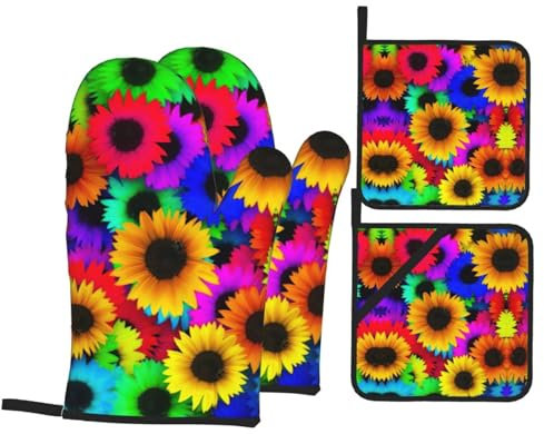 Guanti da forno e presine con girasole arcobaleno, 4 pezzi, resistenti al calore, regalo per cucinare