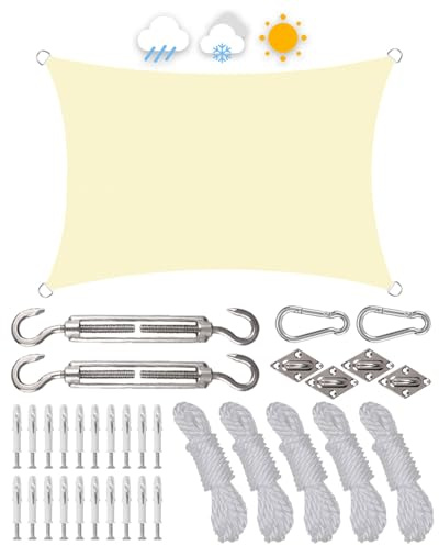 3x4m Sonnensegel Rechteckig, Premium HDPE 95% UV Atmungsaktiv, mit Ösen und Befestigungsseilen, Wasserdicht Sonnensegel, ideal für Außenbereich, Garten, Camping, Terrasse(Elfenbeinweiß)