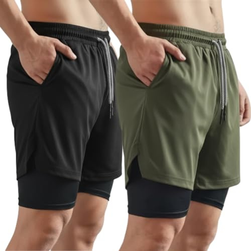 Pack de 2 Pantalones Cortos Hombre Deporte 2 en 1 con Malla de Compresión | Bolsillos Seguros y Cintura Ajustable Shorts Gym Crossfit Running Padel Transpirables Resistentes y de Secado Rapido