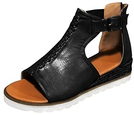 Uwdiohq Alpargatas Con Punta Abierta Para Mujer Sandalias Elegantes Hebilla Correa En El Tobillo Cuña Sandalia Pala (Black, 41) Sandalen Damen Zapatillas Rehabilitación Womens Platform Shoes