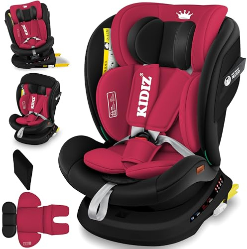 KIDIZ® Autokindersitz mit Isofix i-Size R129 100-150cm bis 12 Jahre, Kinderautositz Gruppe 0/1/2/3, mitwachsender Kindersitz, 5-Punkt-Gurt, höhenverstellbare Kopfstütze, Sitzerhöhung Auto, Bordeaux