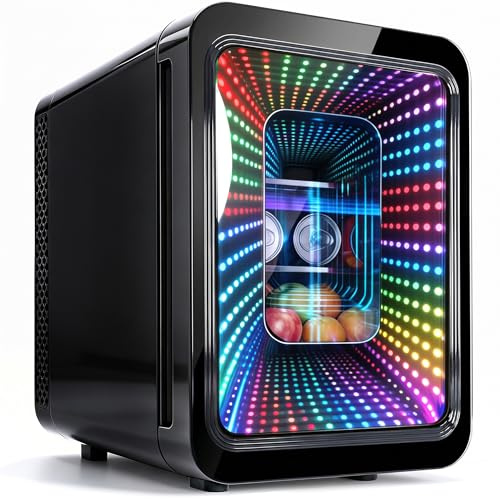MoraRise 22L/22 Cans Mini Fridge with LED Infinity Mirror, Portable Cooler & Warmer Gaming Fridges with Adjustable Shelves, AC/DC Small Fridges for Bedroom, Office, Car, Travel, Skincare (Black)