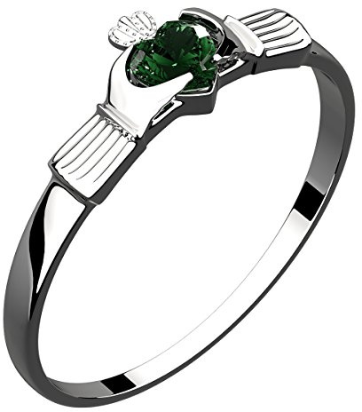GWG Jewellery Anillo Fino de Claddagh Plata de Ley Dos Manos Que Rodean Corazón de Piedra de Color Esmeralda Verde con Corona - 7 en Caja de Regalo para Mujeres