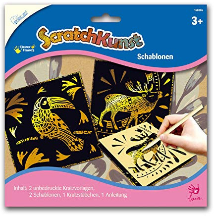 MAMMUT 158006 - Kratzbilder ScratchKunst, Motive Schablonen, Komplettset mit 2 Kratzvorlagen, 2 Schablonen, Kratzstäbchen und Anleitung, Scraper, Kratzset für Kinder ab 3 Jahre