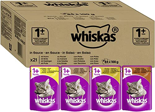 Whiskas Katzenfutter 1+ für erwachsene, verschiedene Sorten in Sauce, 84 Portionsbeutel (84 x 100 g)