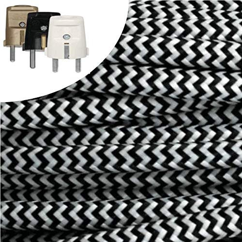 Textilkabel, Stoffkabel, Verlängerung 3 METER Farbe Schwarz/Weiß ZickZack3 adrig 3 x 0,75 mm² rund wahlweise mit Schukostecker Globe Warehouse® (3 mtr. Schukostecker Standard gold)