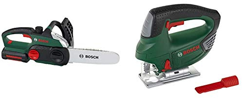 Theo Klein 8399 Bosch Kettensäge I Originalgetreue, kindgerechte Nachbildung I 13 cm x 39,5 cm x 14 cm & Bosch Stichsäge I Batteriebetrieben mit Stichsägenbewegungen, 14,5 cm x 17 cm x 5 cm