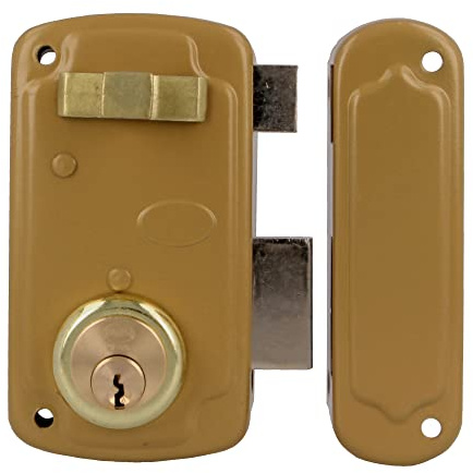 Amig - Cerradura de Sobreponer de Derecha con Palanca de Cierre, Lengüeta y Tirador para Puertas de Madera Mod. 75U - 66 x 120 mm - Cilindro Redondo de Seguridad - Acero Dorado