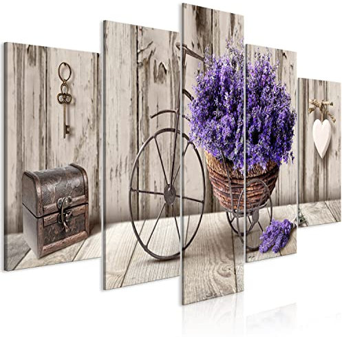 B&D XXL Acrylglasbild Blumen 200x100 cm 5 Teilig Wandbild auf Acryl Glasbilder Kunstdruck Moderne Acrylglas Platte Wanddekoration Geschenke Heimdekoration Glasbild – Holzoptik Lavendel Herz Fahrrad