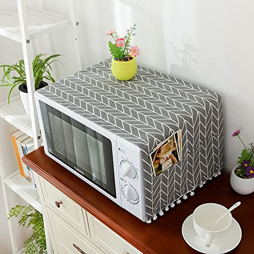 tooloflife Microwave Oven Dustproof cover, 35.43x11.81 inch Microwave Dust Cover Decorative Kitchen Appliance Cover with Side Storage Pockets, Grey arrow