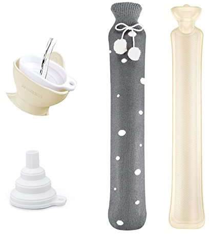 Grande Bouillotte Eau Chaude,2L Sac d'Eau Chaude avec Housse Tricotée Amovible & Lavable+Entonnoir, Longue Bouillote en Caoutchouc pour Soulager Douleur Rapide et Confort,Points Blanc sur Gris,73cm