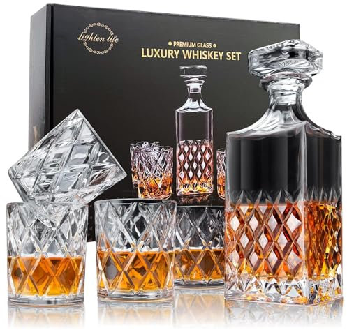 LIGHTEN LIFE Carafe à whisky en cristal de 849 ml avec 4 verres dans un coffret cadeau, carafe à whisky sans plomb et ensemble de verre, ensemble de carafe à whisky de qualité supérieure, carafe à