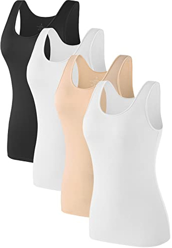 Air Curvey 4 Pack Tank Top for Women Basic Undershirt Tanks Sleeveless Casual Shirts Soft Seamless Layering Tops Black White Nude White L