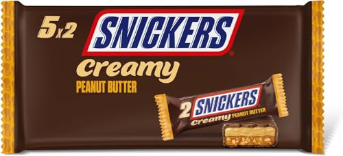 SNICKERS CREAMY Barre Chocolat Beurre Cacahuètes Caramel 5x36,6g - 182,5g | Barre chocolatée crémeuse au beurre de cacahuètes et caramel, le snack gourmand à glisser au bureau ou partager en famille