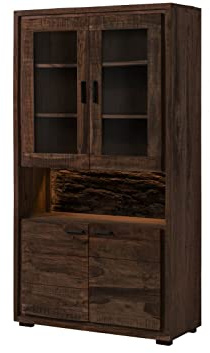 MASSIVMOEBEL24.DE | BARK by WOLFMÖBEL - Vitrine aus Massivholz #209 inkl. LED-Beleuchtung | Akazie - Dunkelbraun, lackiert | 6 Fächer | 98 x 40 x 180 cm | echte Baumrinde
