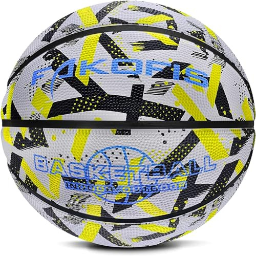 FAKOFIS Pallone da Basket,Pallacanestro per Bambini, Taglia 3, Taglia 5,Taglia 7, per Interni ed Esterni, per Principianti Grigio Giallo 3