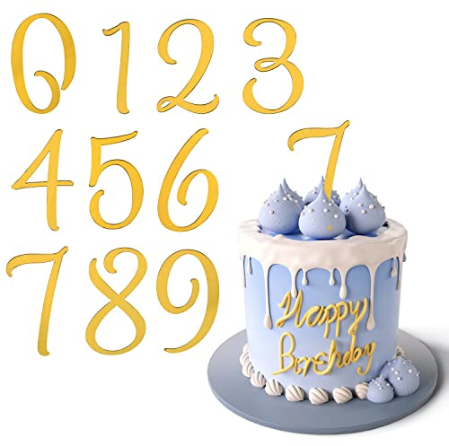 SAVITA 10pcs Acrylic Number Cake Topper, with 0-9 Numbers Gold Number Cake Toppers Birthday Cake Toppers Numbers for Party Anniversary Celebration Birthday Wedding Cake Decorations (D20066)