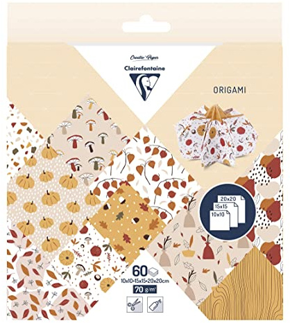 Clairefontaine 95379C - 60 fogli di carta Origami 70g/m², 3 misure: 10x10cm, 15x15cm, 20x20cm, 10 Motivi colori assortiti 2 fogli per misura ), Hobby creativi per adulti, Autunno