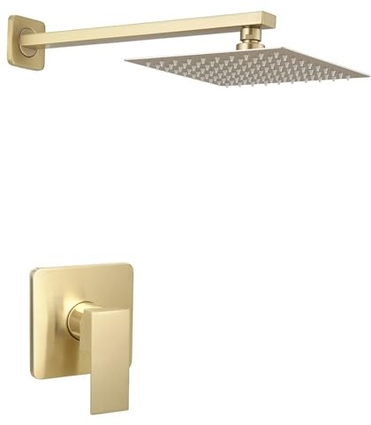 Heable Brushed Gold Shower Faucet Set, Single Function Shower Trim Kit with Rough-in Valve, Square Rain Shower Head System Included Extra Long Shower Arm for Bathroom
