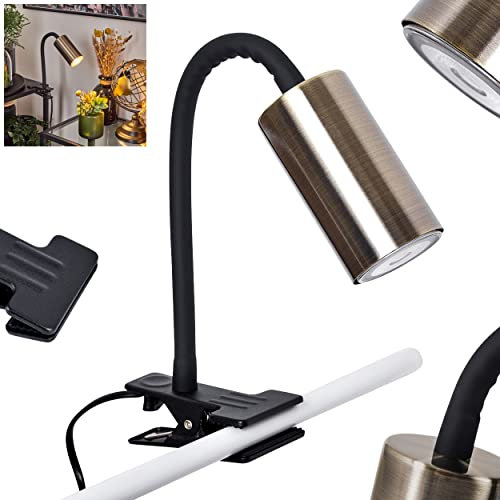 Klemmleuchte Javel, moderne Klemmlampe aus Metall in Schwarz/Messingfarben, verstellbare Leseleuchte mit An-/Ausschalter am Kabel und beweglichem Leuchtenkopf, 1 x GU10 ohne Leuchtmittel