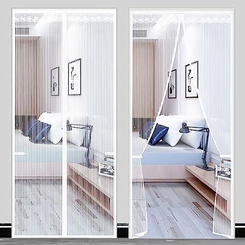 Magnetic Fly Screen Door, Heavy Duty Bug Mesh Curtain with Powerful Magnets and Full Frame Magic Tape, Insect Protection Door No Gap, Keep Bugs Out Lets Fresh Air in (90×200, White)