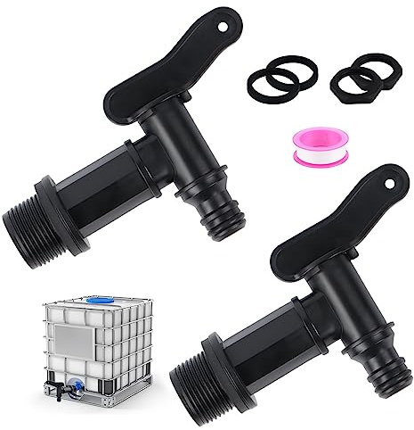 DINSONG Regentonnenhahn, 2x Kunststoff Auslaufhahn für Regentonne 3/4 Zoll, Schwarz, PP-Kunststoff, Rund, CISTERN, Inkl. Dichtung, Kontermutter, Dichtband, für Regentonne, Wassertank, Regenfass