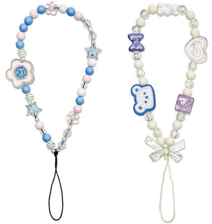 NQEUEPN 2pcs Phone Charms, Cute Beaded Phone Bracelet Strap Flower Phone Lanyard Phone Bracelet Aesthetic Wrist Strap for Phone Bear Phone Lanyard for Women Phone Keychain