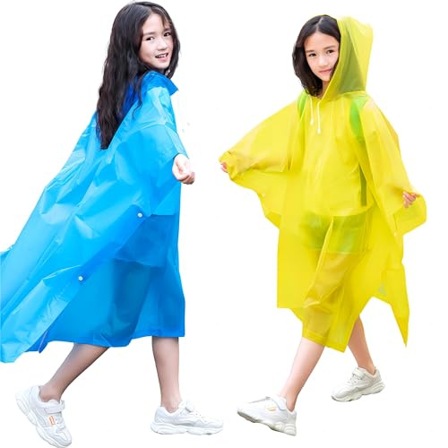 2 PCS Kids Rain Coats with Drawstring Hoods, Reusable EVA Rain Poncho Toddler Rain Cape, Portable Rainwear Girls & Boys (90cm-150cm), Children's Raincoat for School/Outdoor/Camping (Blue & Yellow)