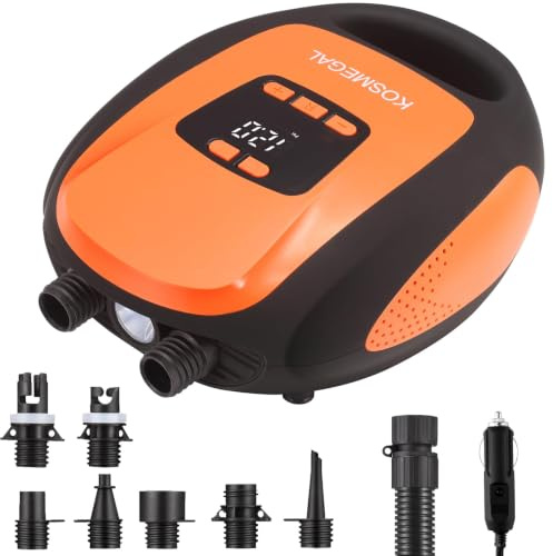 Paddle Board Pump Electric Portable, KOSMEGAL SUP Pump for Paddleboard, Professional 20PSI Air Compressor with Auto-Off, Deflation Function and 12V DC Car Connector for Inflatables, Kayaks and Boats