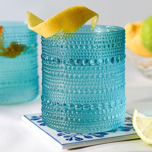 Kate Aspen Aqua Blue Hobnail Beaded Drinking Glasses Set of 6 (10 oz) Vintage Glassware Set Cocktail Glass Set, Juice Glass, Water Cups | Great Hostess Gift or New Home Owners