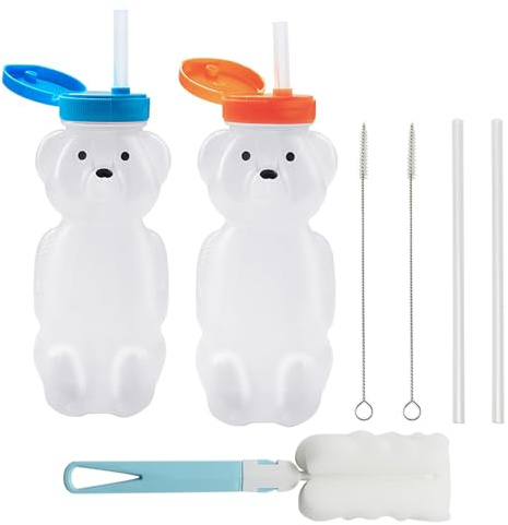 LONTOM 2 Pack Honey Bear Straw Cups, Squeezable Bear Bottle, Reusable Food-Grade & BPA Free Sippy Cup, Therapy Assistive Straw Bottle for Special Needs with 2 Straws & 3 Cleaning Brush