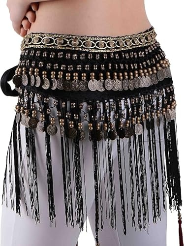 MUNAFIE Fascia da donna in velluto tribale, con monete, danza del ventre, costume da donna per danza del ventre, cintura con frange