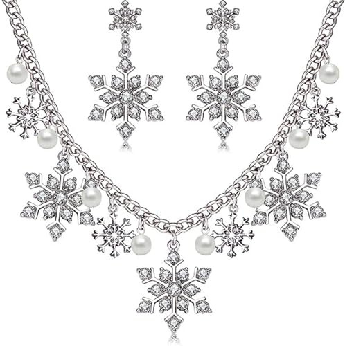 BKEEPDY Weihnachtsschmuckset für Damen mit Schneeflocke Halskette und Schneeflocke Ohrringe für Frauen mit Kettenanhänger und Weihnachtsohrringe (Silber-1)