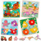4 Set Wooden Puzzles for Kids 3-6 Year Olds, Chunky Child Puzzles Jigsaw Toys Farm Animals Friut Peg Puzzles, Wooden Toys Kid Fine Motor Skill Learning Educational Toys Gifts for Child, Kid