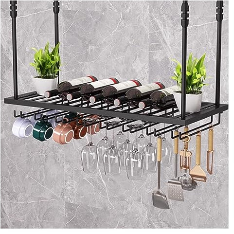 Portabottiglie regolabile da appendere con supporto in vetro, per bottiglie e bicchieri da soffitto per l'organizzazione di casa e bar (nero, 120 x 35 cm)