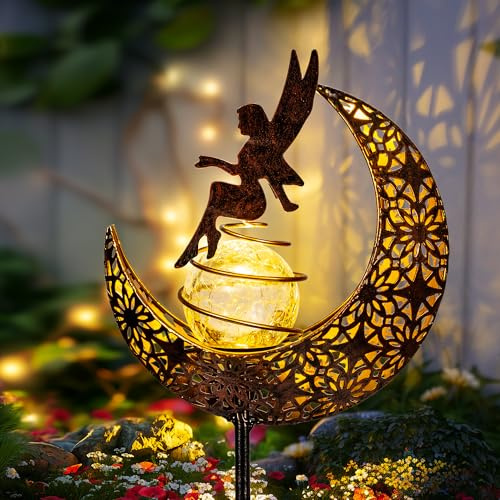 SUNCKET Fairy Garden Solar Lights Outdoor Decor, Moon Garden Stakes, Waterproof Outdoor Metal Decorations Gifts for Women and Mom, Art Moon Sculpture for Walkway, Yard, Patio, Garden and Porch, 1 Pack