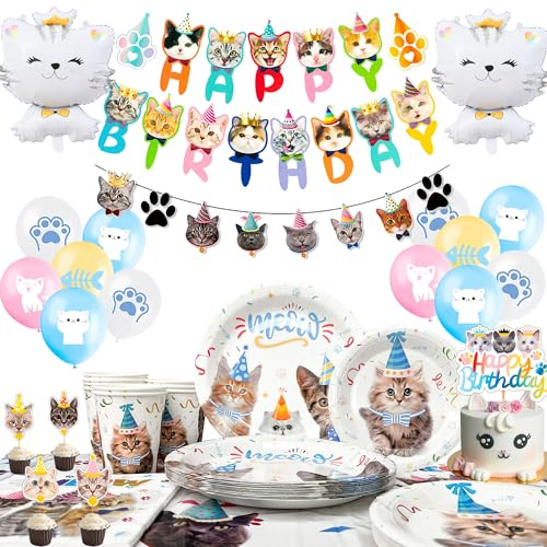 Cat Party Supplies, Cat Birthday Decorations & Tableware Set - Cat Party Plates Cups and Napkins Table Cloth & Cat Cake Toppers Banner etc Kitten Party Supplies