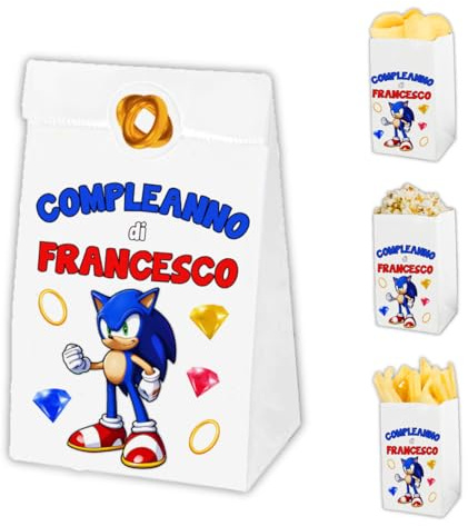 Auguriando 25 Sacchettini Compleanno Bambini Personalizzati Sacchetti Dopo Festa Regalo Personaggi Sacchetto Carta Regali dopofesta Caramelle Alimenti (Sonic)