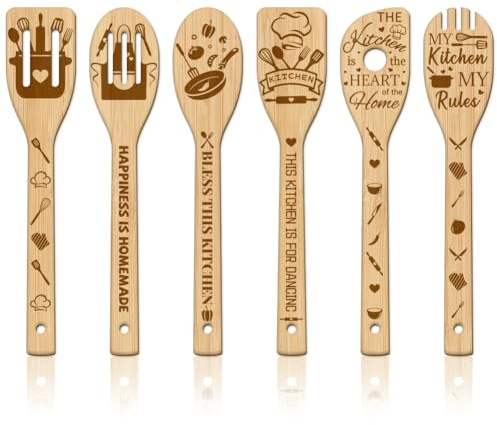 GLOBLELAND 6 Stück Küche Elemente Bambus Kochutensilien Messer und Gabel Holzgravur Kochlöffel Set Gravur Schnitzerei Küche Bambus Spatel Set Für Küche Housewarming Geschenk Mutter Freundin Frauen