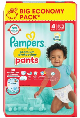 Pampers Premium Protection Pants Größe 4, 42 Windeln, 9kg-15kg, Mit 360° Passform und 2x breiteren Bündchen als vorher für unseren besten Komfort & Schutz