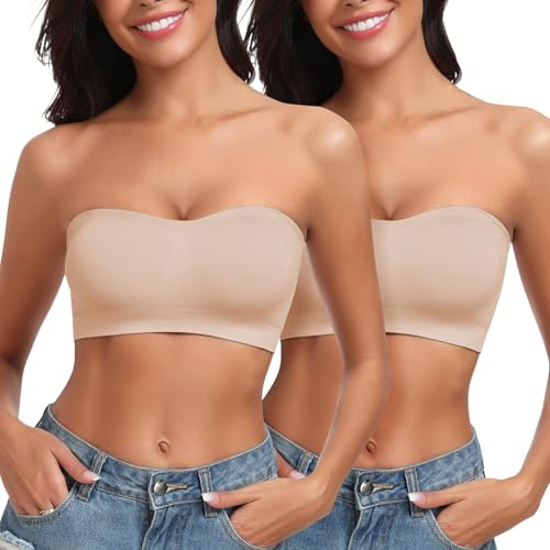 LEYSHE Bandeau BH axelbandslös bh utan bygel sömlös tub topp bh vadderad bandeau topp med transparenta remmar, Beige 2-pack, M