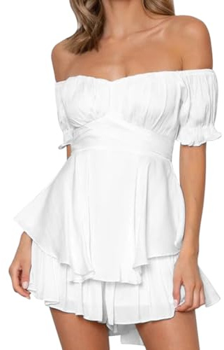 Hanaoops Mono Corto de Verano para Mujer Estilo Boho Flores Vestido con Hombros Verano Mini Vestidos de Mono Manga Corta Pantalones Cortos Tipo Mameluco con Volantes