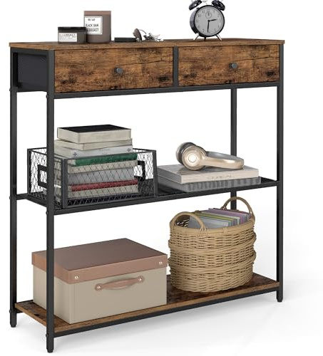 VASAGLE Narrow Console Table with 2 Fabric Drawers, 3-Tier Entryway Sofa Table, 24 x 76 x 80 cm, for Hallway, Living Room, Rustic Brown and Ink Black LNT092K01