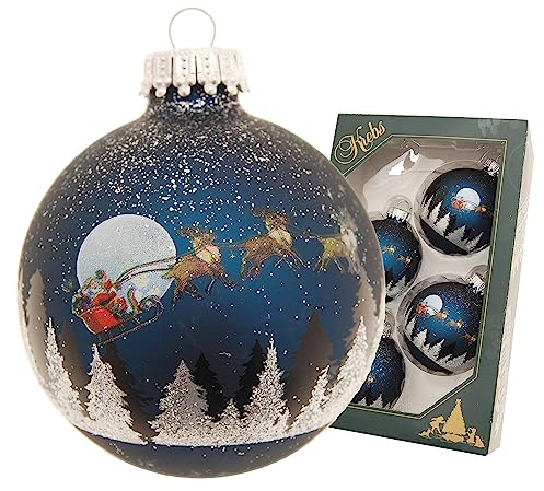 Krebs Glas Lauscha - Weihnachtsdekoration/Christbaumschmuck aus Glas - Weihnachtskugeln - Motiv: Mitternacht vor Weihnachten mit Silberdekor - 4 Stück - Größe: 4 mal 7cm